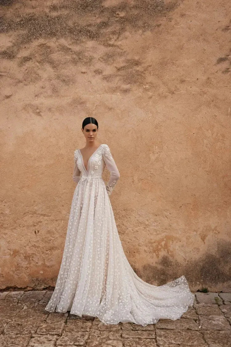 Romantic A-Line V-Neck Long-Sleeve Lace-Embroidered Bow Ivory Train Wedding Dress