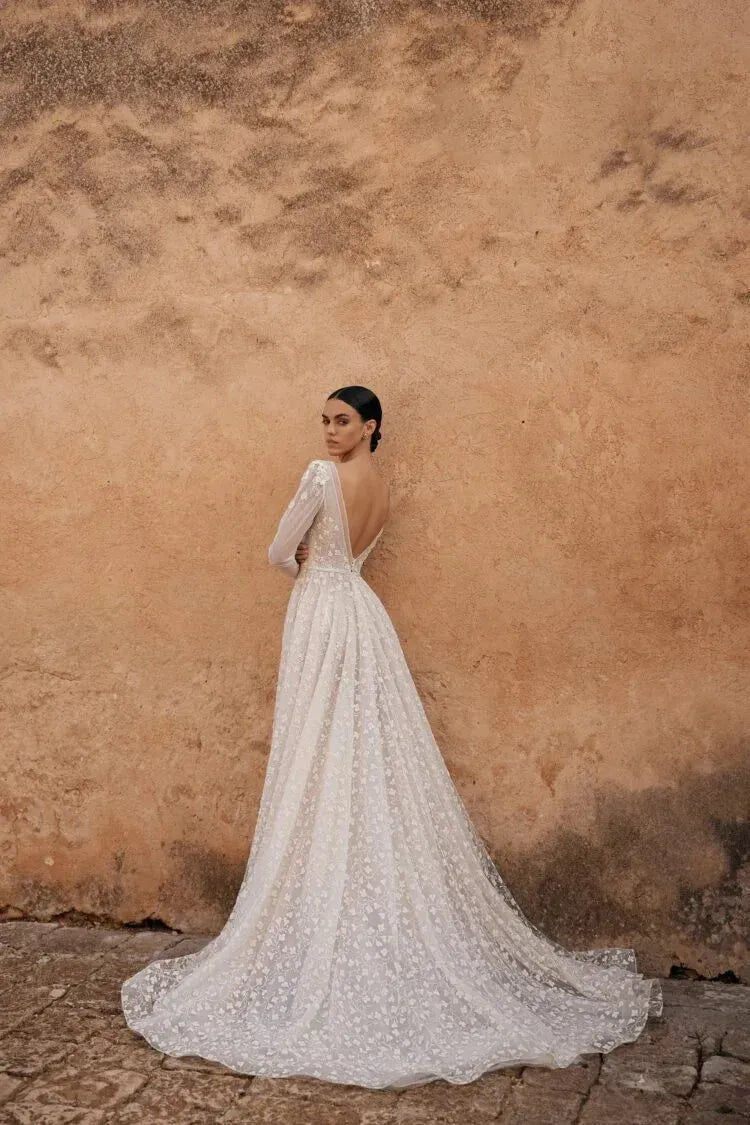 Romantic A-Line V-Neck Long-Sleeve Lace-Embroidered Bow Ivory Train Wedding Dress