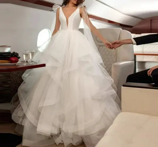 Romantic A-Line V-Neck Low-Back Layers Tulle White Floor-Length Prom Dress