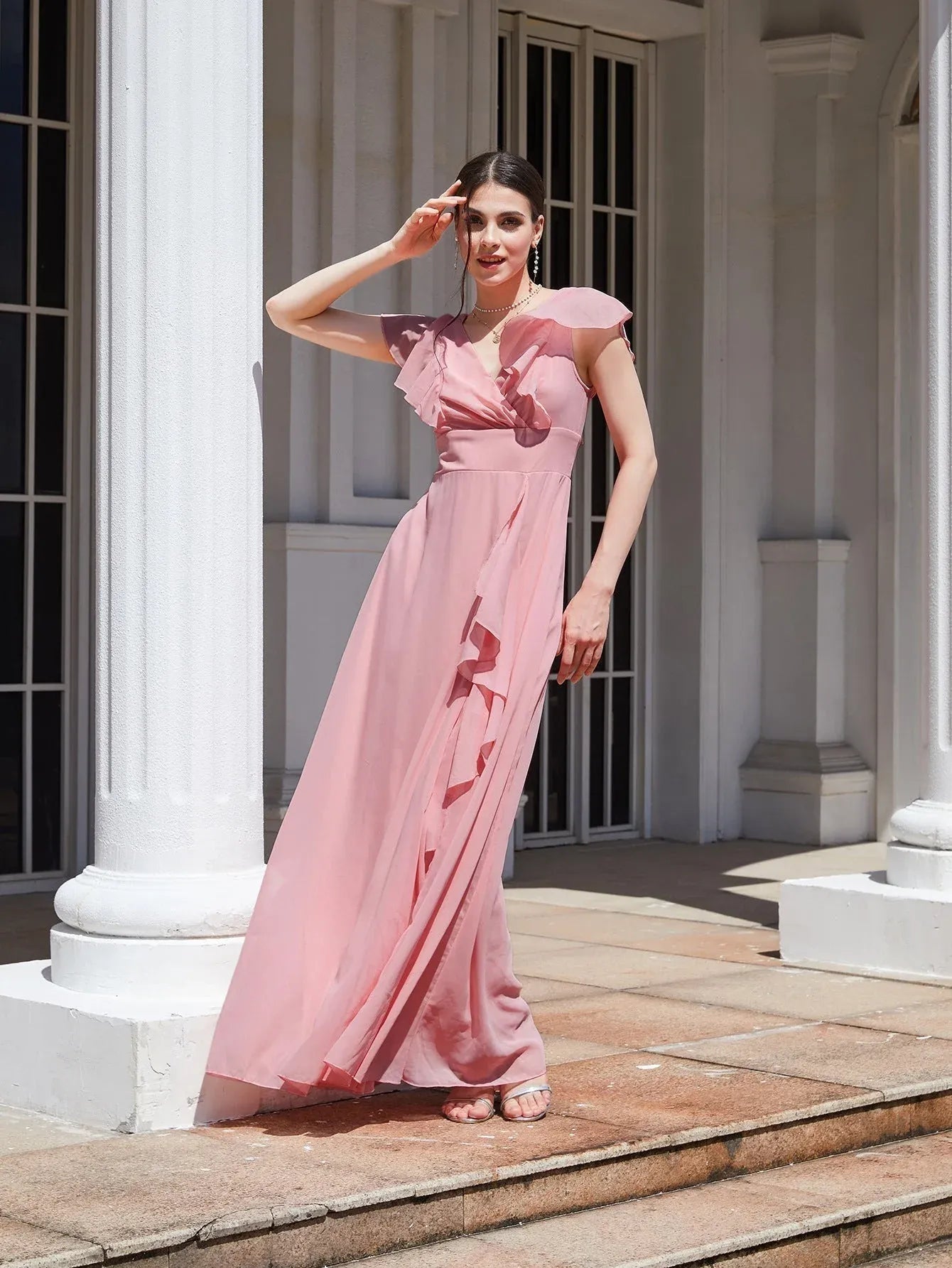 Romantic A-Line V-Neck Ruffled Slit Chiffon Dusty Pink Floor-Length Prom Dress