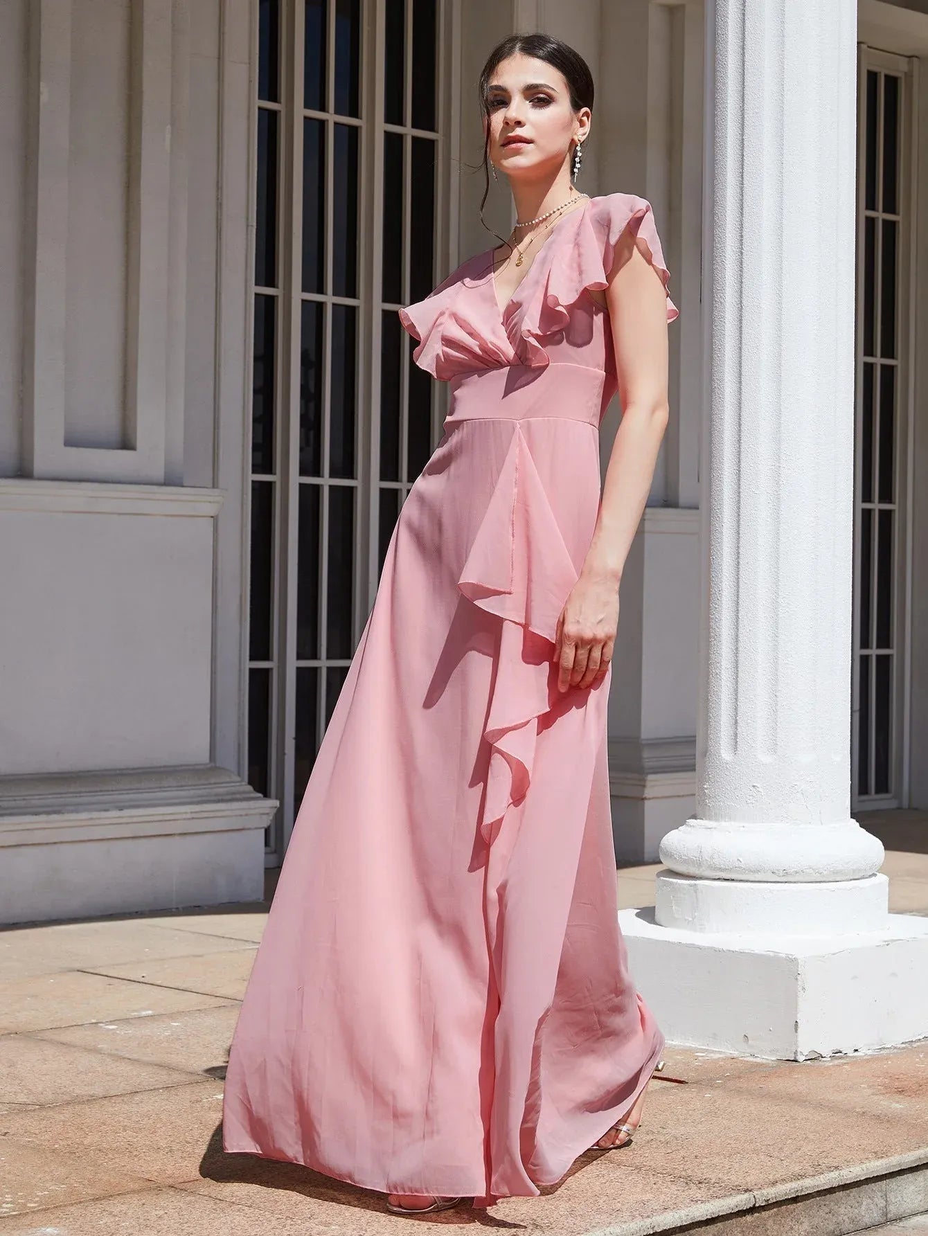 Romantic A-Line V-Neck Ruffled Slit Chiffon Dusty Pink Floor-Length Prom Dress