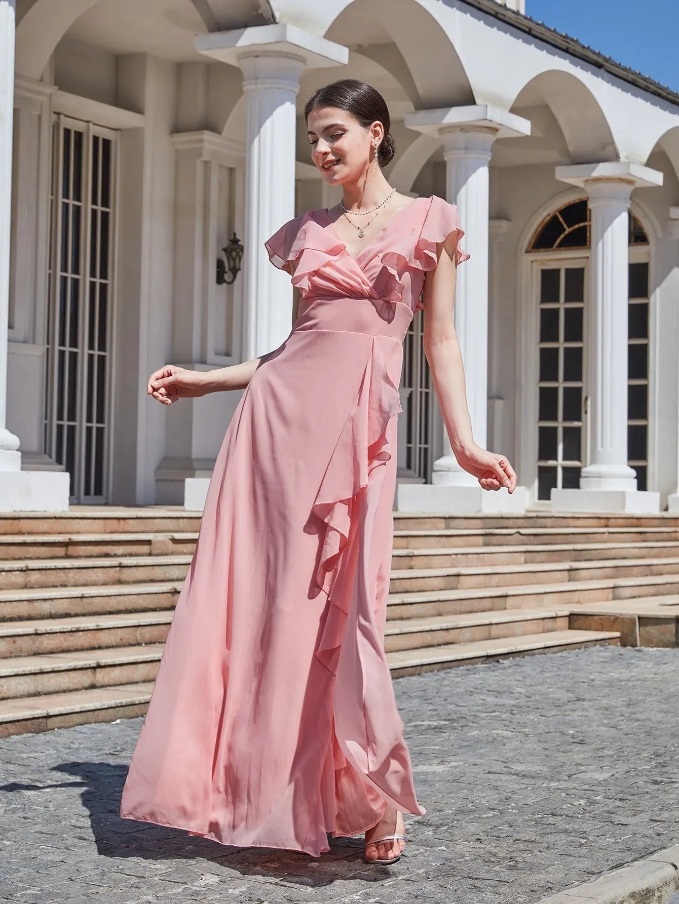 Romantic A-Line V-Neck Ruffled Slit Chiffon Dusty Pink Floor-Length Prom Dress