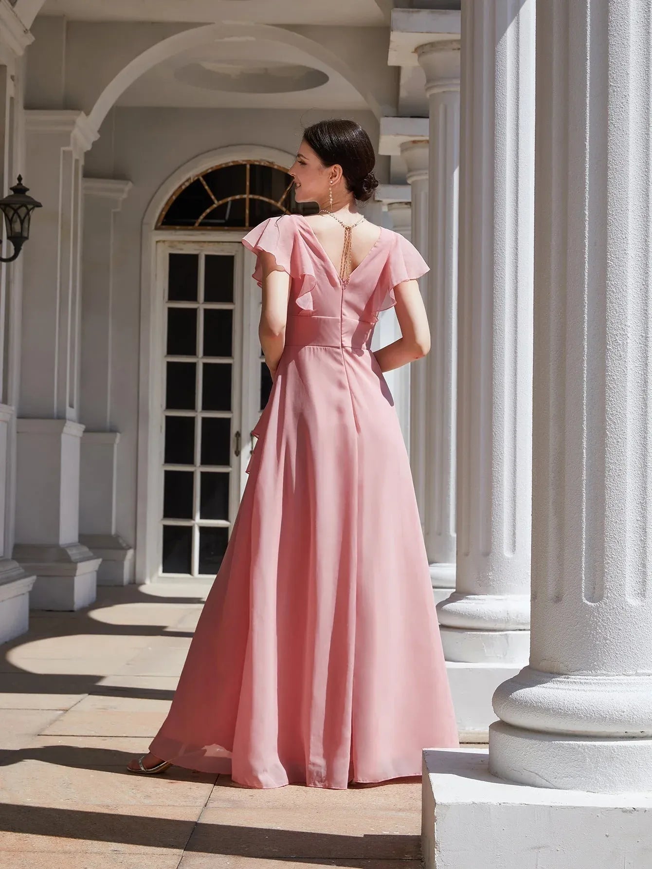 Romantic A-Line V-Neck Ruffled Slit Chiffon Dusty Pink Floor-Length Prom Dress