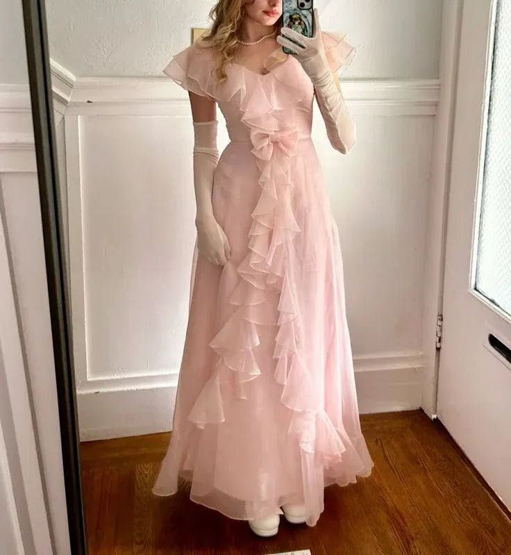 Romantic A-Line V-Neck Short-Sleeve Ruffled Baby Pink Maxi Prom Dress Custom