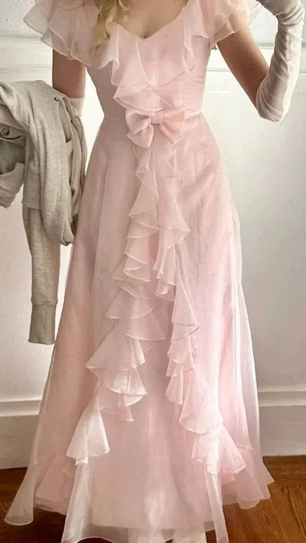 Romantic A-Line V-Neck Short-Sleeve Ruffled Baby Pink Maxi Prom Dress Custom