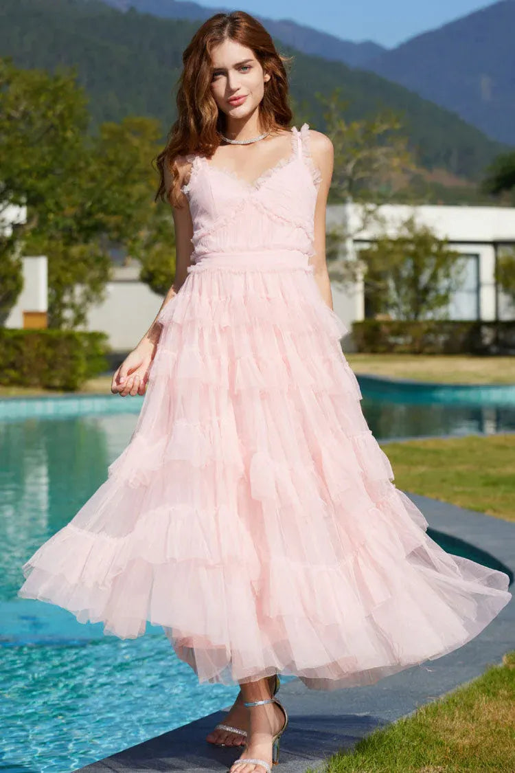 Romantic A-Line V-Neck Sleeveless Ruffled Blush Midi Prom Dress for Women Ready to Ship