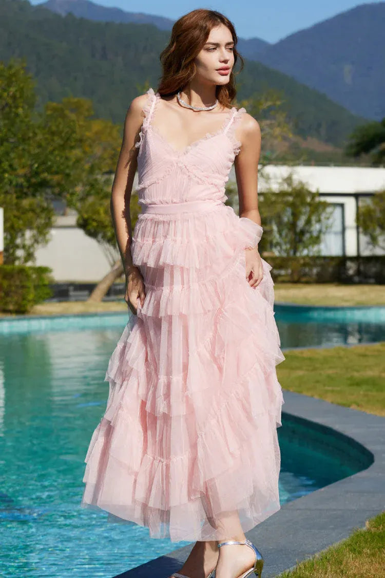 Romantic A-Line V-Neck Sleeveless Ruffled Blush Midi Prom Dress for Women Ready to Ship