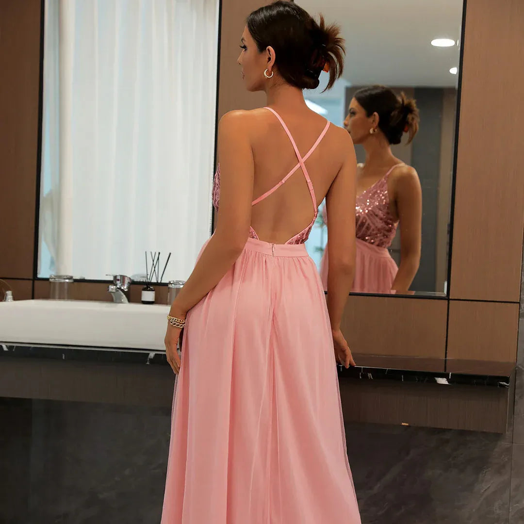 Romantic A-Line V-Neck Sleeveless Sequin Tulle Blush Floor-Length Evening Dress for Women