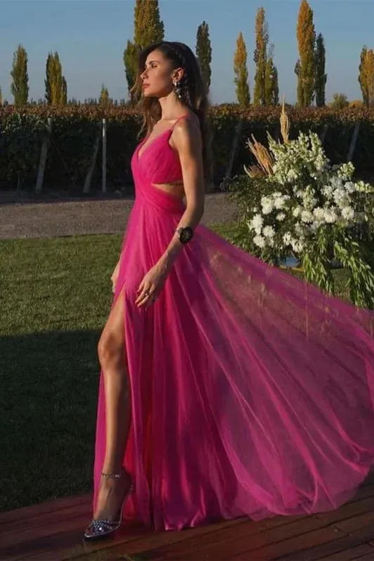 Romantic A-Line V Neck Cutout High Slit Fuchsia Floor Length Prom Dress