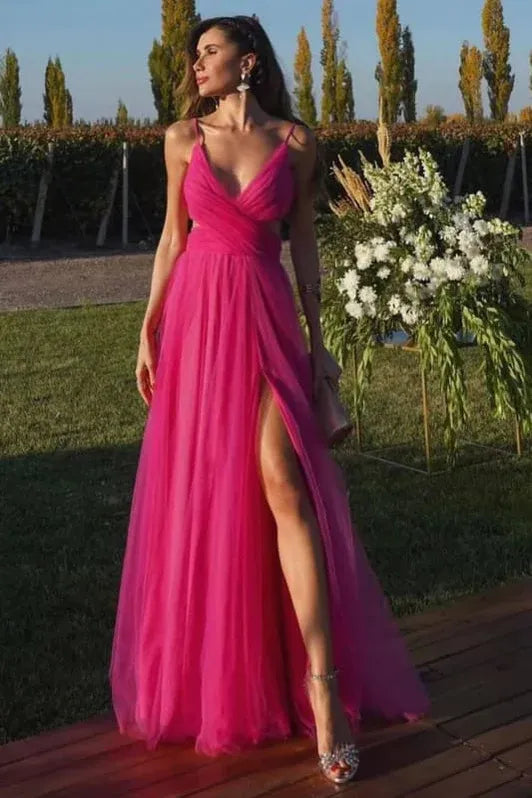 Romantic A-Line V Neck Cutout High Slit Fuchsia Floor Length Prom Dress