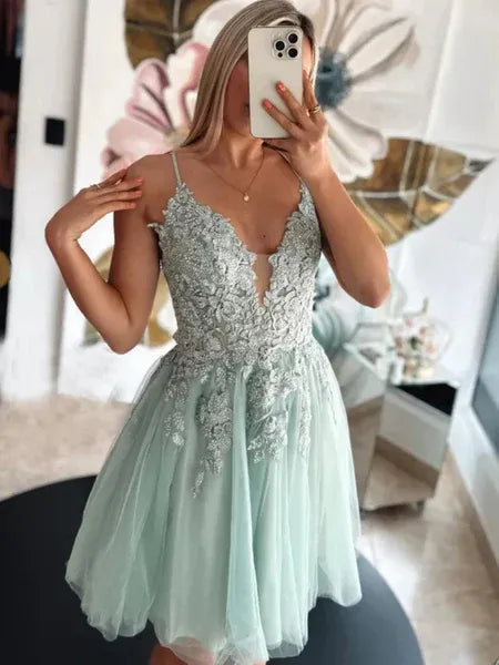 Romantic A-Line V Neck Lace Crisscross Tulle Sage Short Homecoming Dress