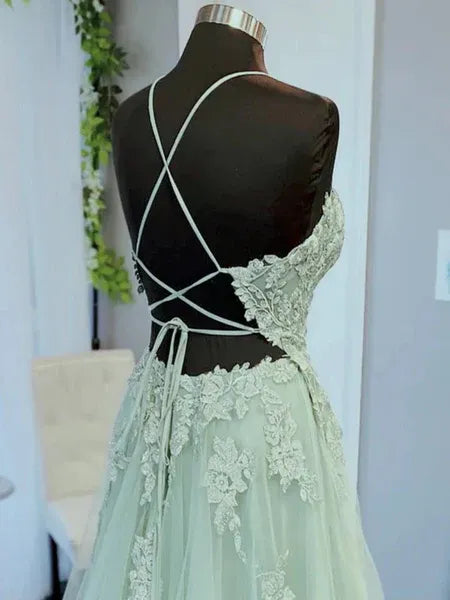Romantic A-Line V Neck Lace Crisscross Tulle Sage Short Homecoming Dress
