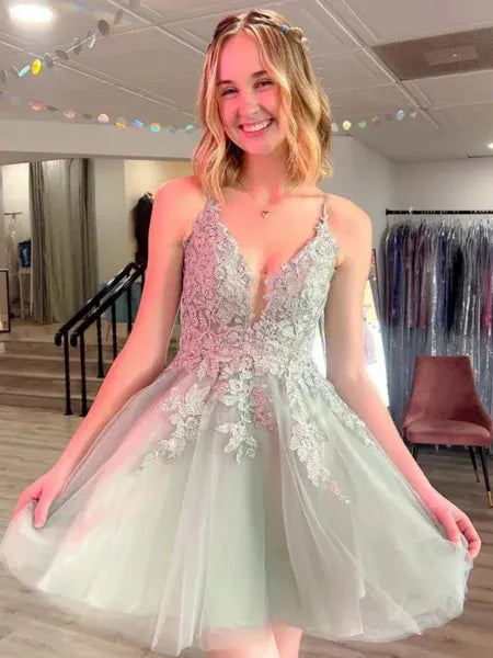 Romantic A-Line V Neck Lace Crisscross Tulle Sage Short Homecoming Dress