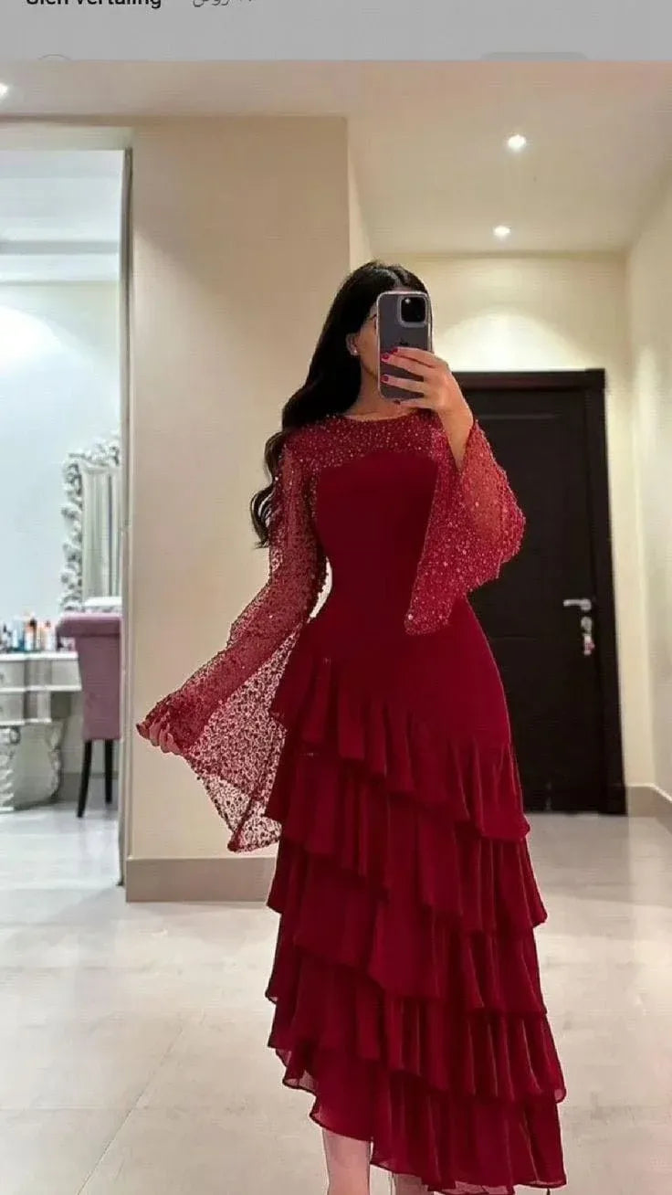 Romantic A-line Bateau Neck Long-sleeved Ruffled Burgundy Maxi Prom Dress for Women Custom