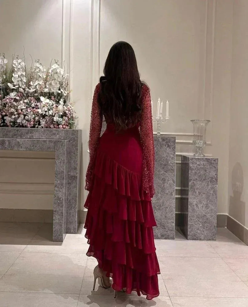 Romantic A-line Bateau Neck Long-sleeved Ruffled Burgundy Maxi Prom Dress for Women Custom
