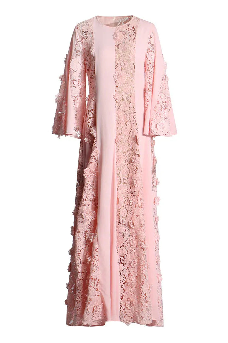 Romantic A-line Crew Neck Long-Sleeve Floral Lace Blush Floor-Length Evening Dress