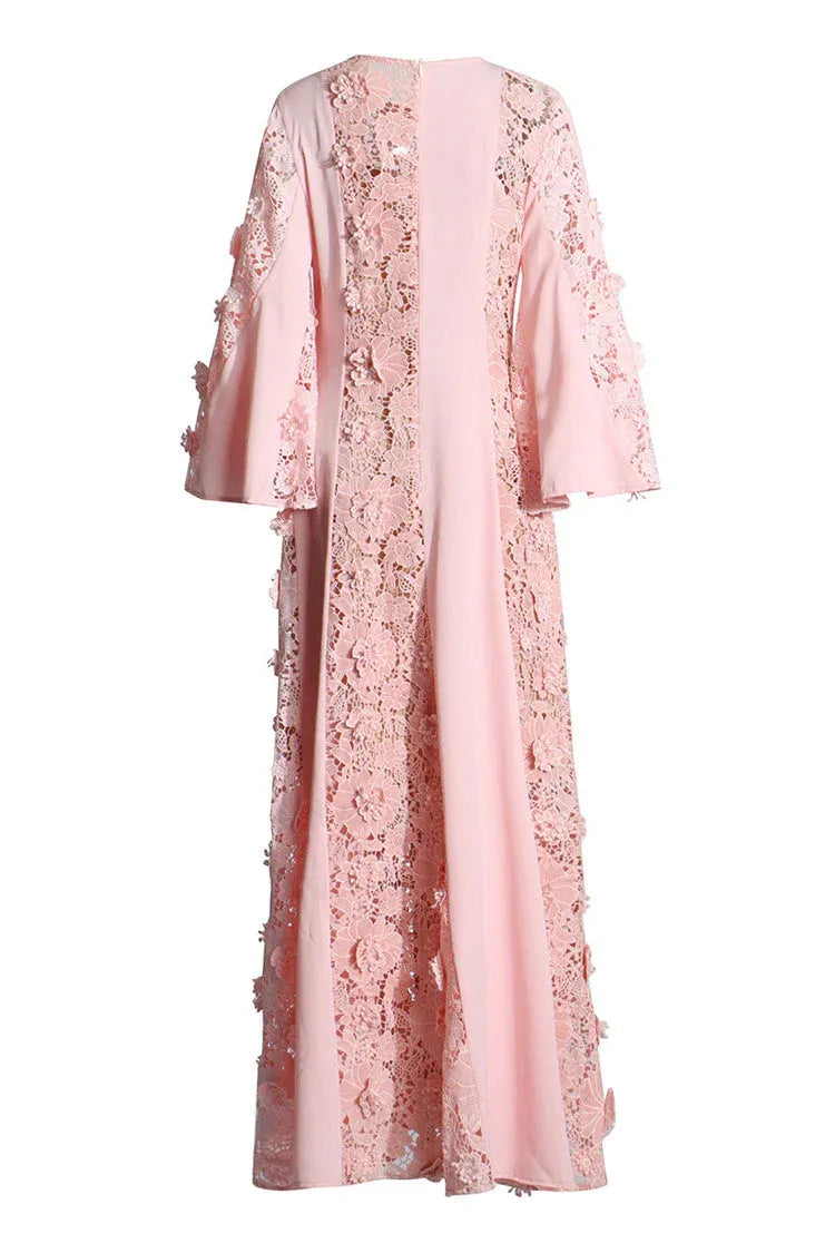 Romantic A-line Crew Neck Long-Sleeve Floral Lace Blush Floor-Length Evening Dress