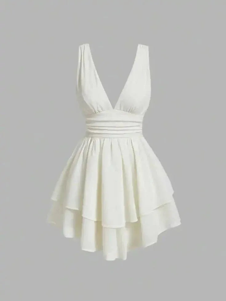 Romantic A-line Deep V Neck Sleeveless Ruffle Ivory Mini Homecoming Dress For Women Ready To Ship