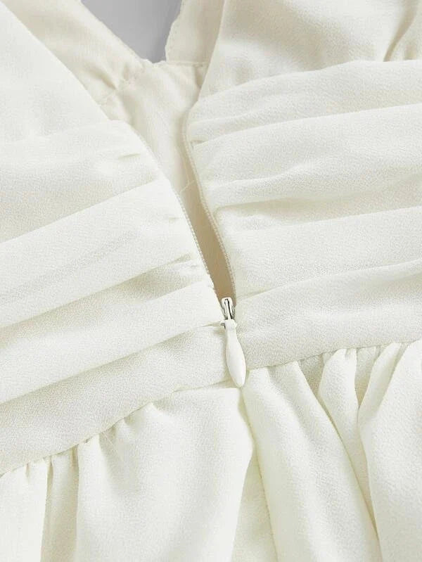 Romantic A-line Deep V Neck Sleeveless Ruffle Ivory Mini Homecoming Dress For Women Ready To Ship