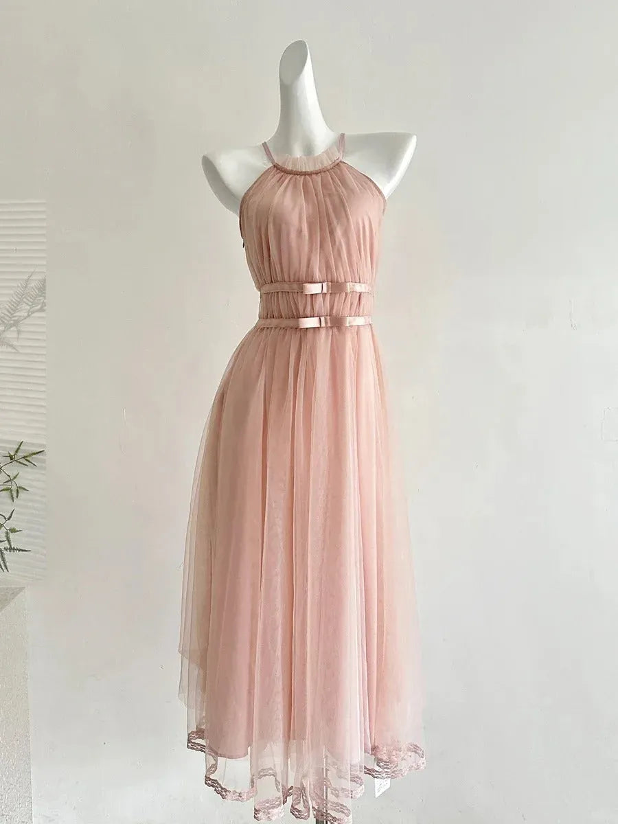 Romantic A-line Halter Neck Sleeveless Bow-embellished Blush Pink Midi Prom Dress for Women Ready to Ship