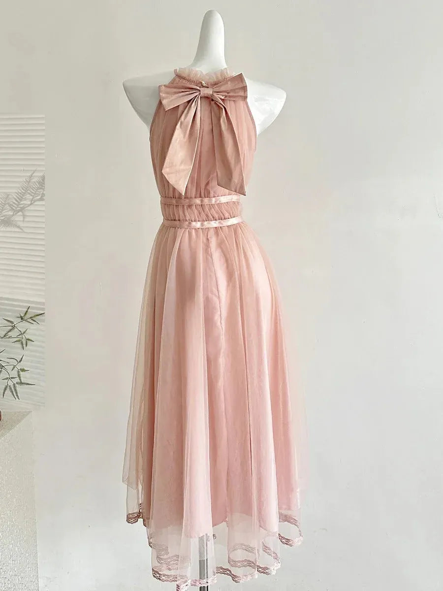 Romantic A-line Halter Neck Sleeveless Bow-embellished Blush Pink Midi Prom Dress for Women Ready to Ship