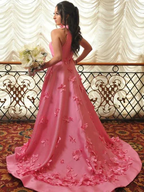 Romantic A-line Halter Sleeveless Floral-appliqued Hot Pink Floor-length Prom Dress for Women Ready to Ship