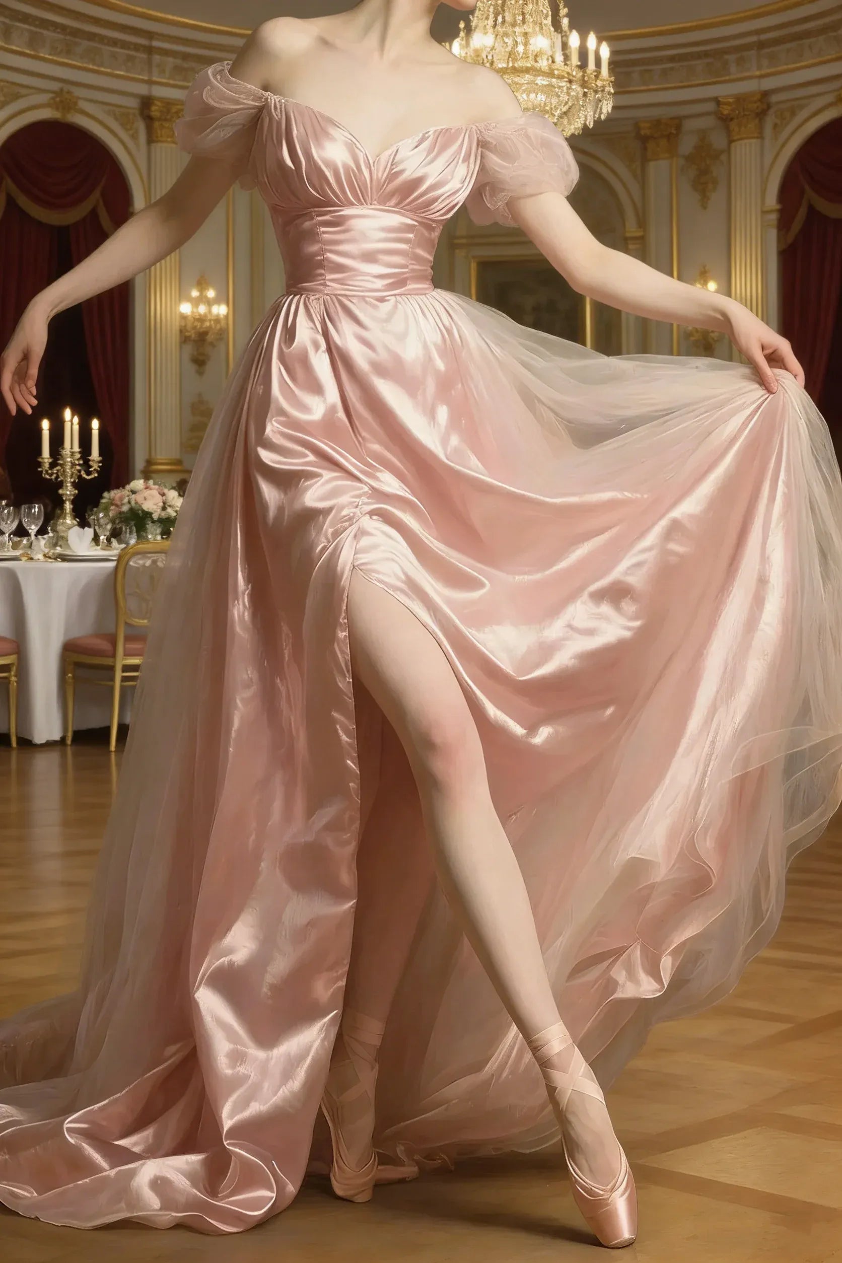 Romantic A-line Off-shoulder Puff Sleeves Slit Blush Train Prom Dress For Sale