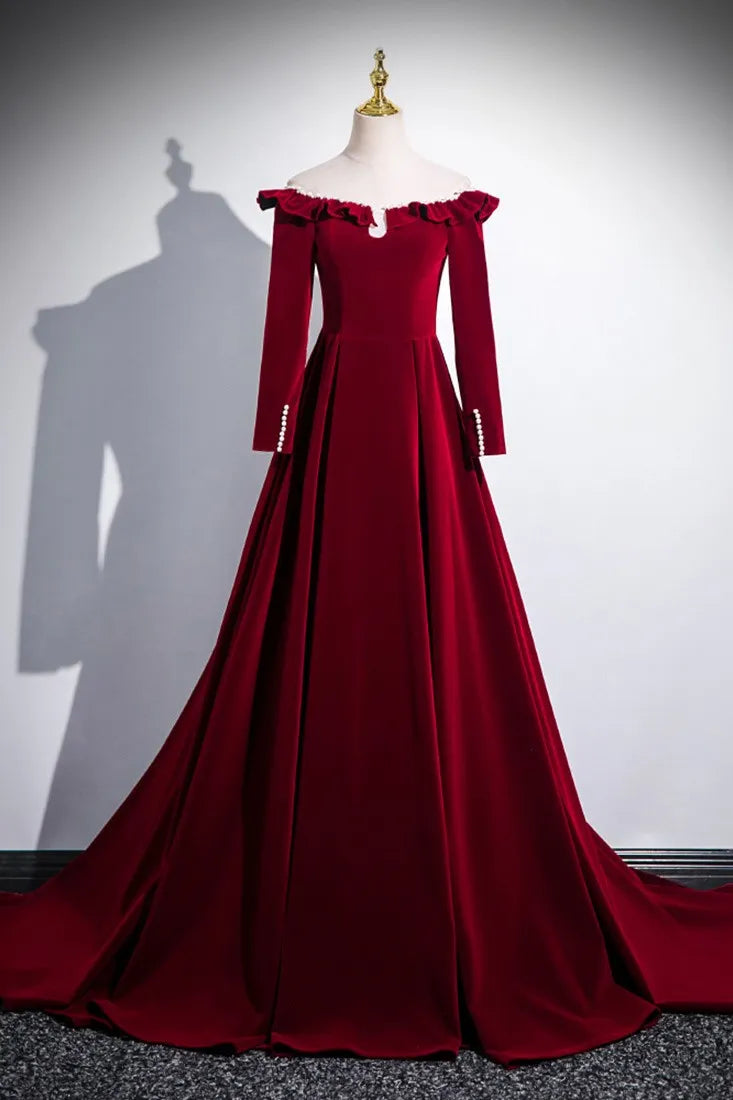 Romantic A-line Off-the-Shoulder Long-Sleeve Ruffle-Accented Burgundy Maxi Prom Dress for Women Custom