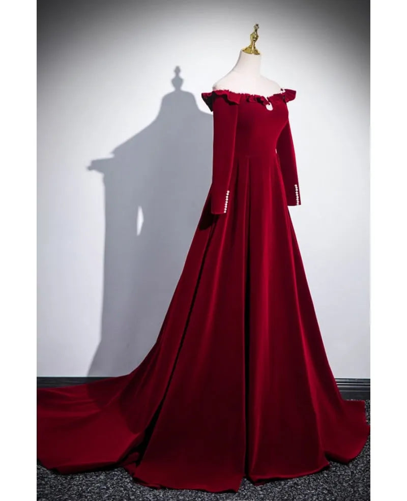 Romantic A-line Off-the-Shoulder Long-Sleeve Ruffle-Accented Burgundy Maxi Prom Dress for Women Custom