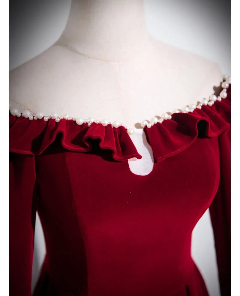 Romantic A-line Off-the-Shoulder Long-Sleeve Ruffle-Accented Burgundy Maxi Prom Dress for Women Custom