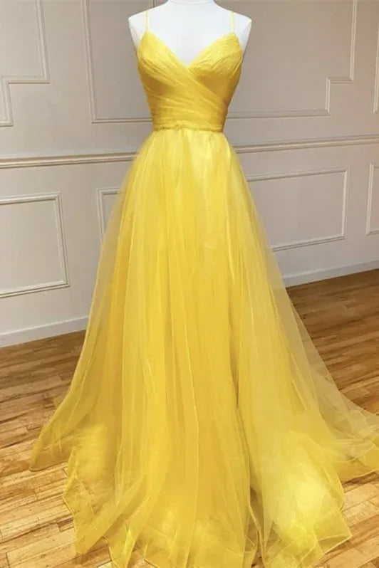 Romantic A-line Spaghetti Straps Ruched Yellow Train Prom Dress Hot Sale