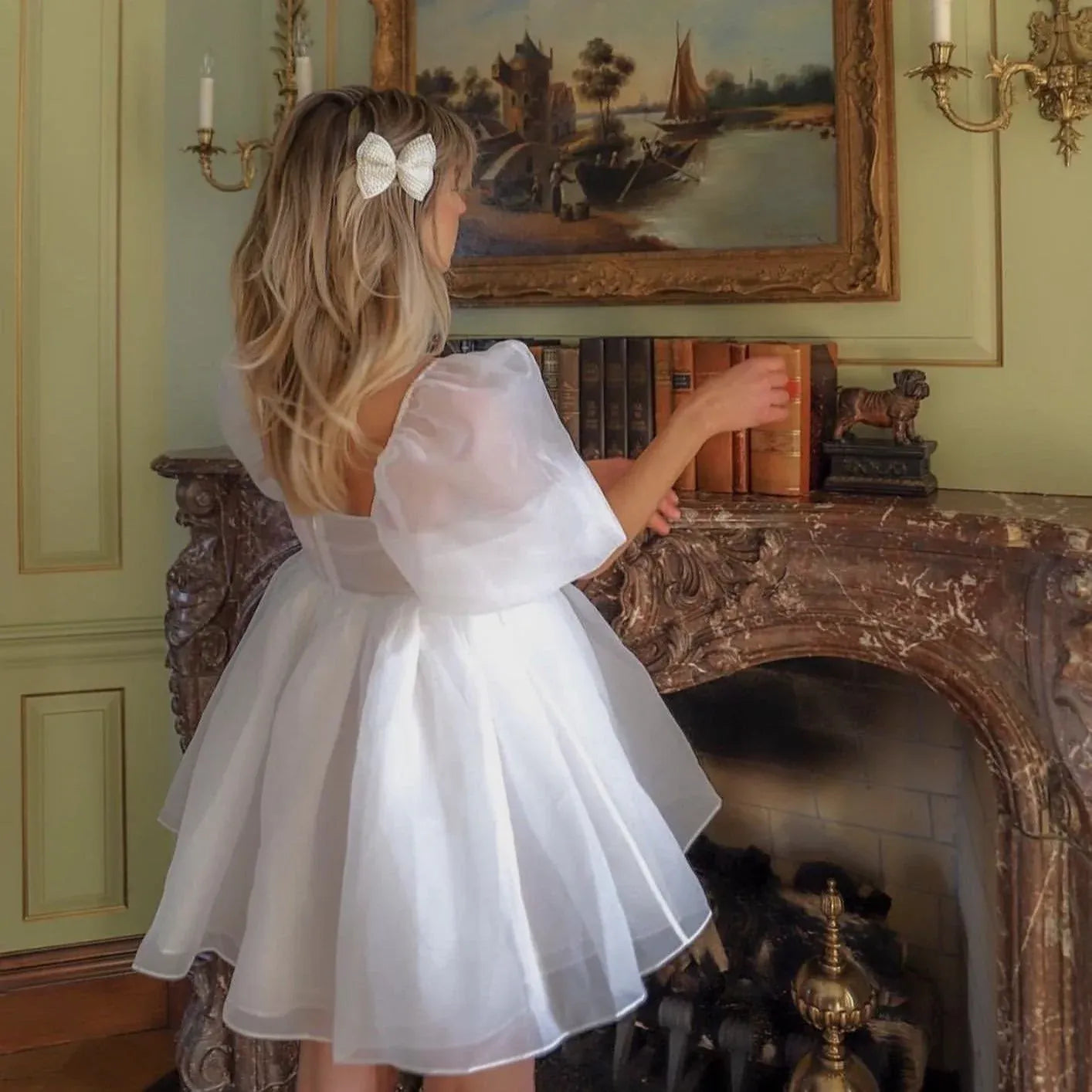 Romantic A-line Square-Neck Puff-Sleeve Floral Print White Mini Homecoming Dress