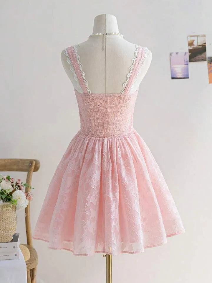 Romantic A-line Square-Neck Sleeveless Lace-Trimmed Blush Mini Prom Dress for Women ready to ship