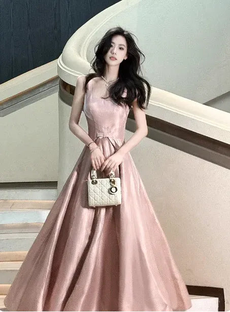 Romantic A-line Square Neck Sleeveless Belted Dusty Pink Maxi Prom Dress for Women Ready to Ship