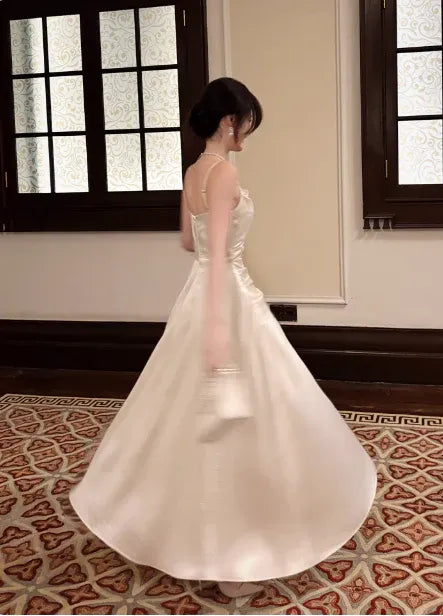 Romantic A-line Square Neck Sleeveless Ruched Champagne Midi Prom Dress for Women Custom