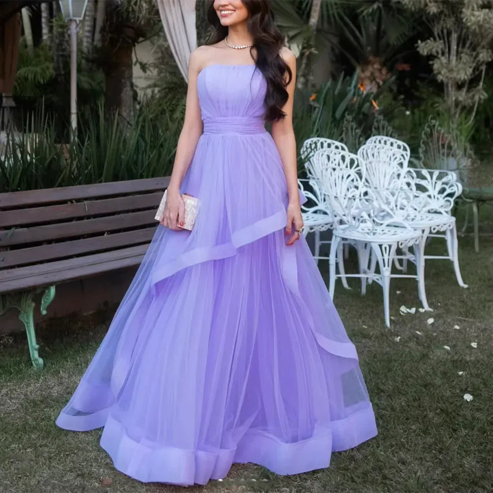 Romantic A-line Strapless Sleeveless Bow-embellished Lilac Maxi Prom Dress for Women Ready to Ship