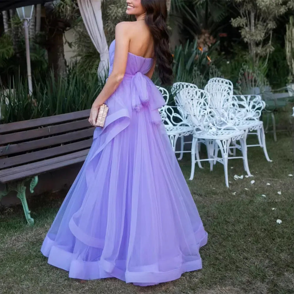 Romantic A-line Strapless Sleeveless Bow-embellished Lilac Maxi Prom Dress for Women Ready to Ship