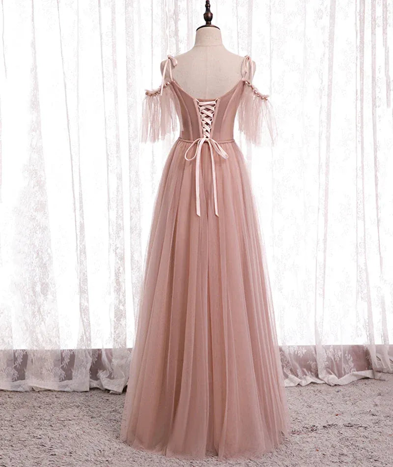 Romantic A-line Sweetheart Neck Cold-shoulder Beaded Blush Pink Maxi Prom Dress for Women Ready to Ship