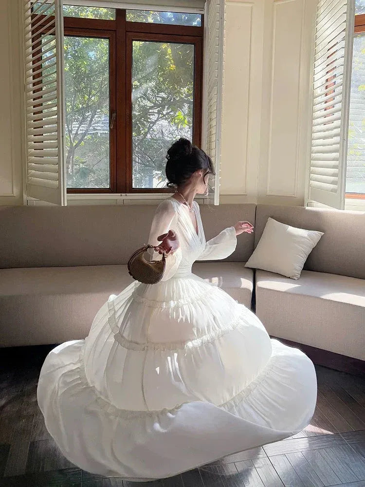 Romantic A-line V-Neck Long-Sleeve Ruffled Ivory Maxi Prom Dress for Women ready to ship