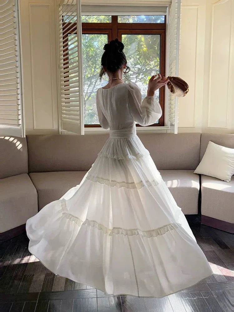 Romantic A-line V-Neck Long-Sleeve Ruffled Ivory Maxi Prom Dress for Women ready to ship