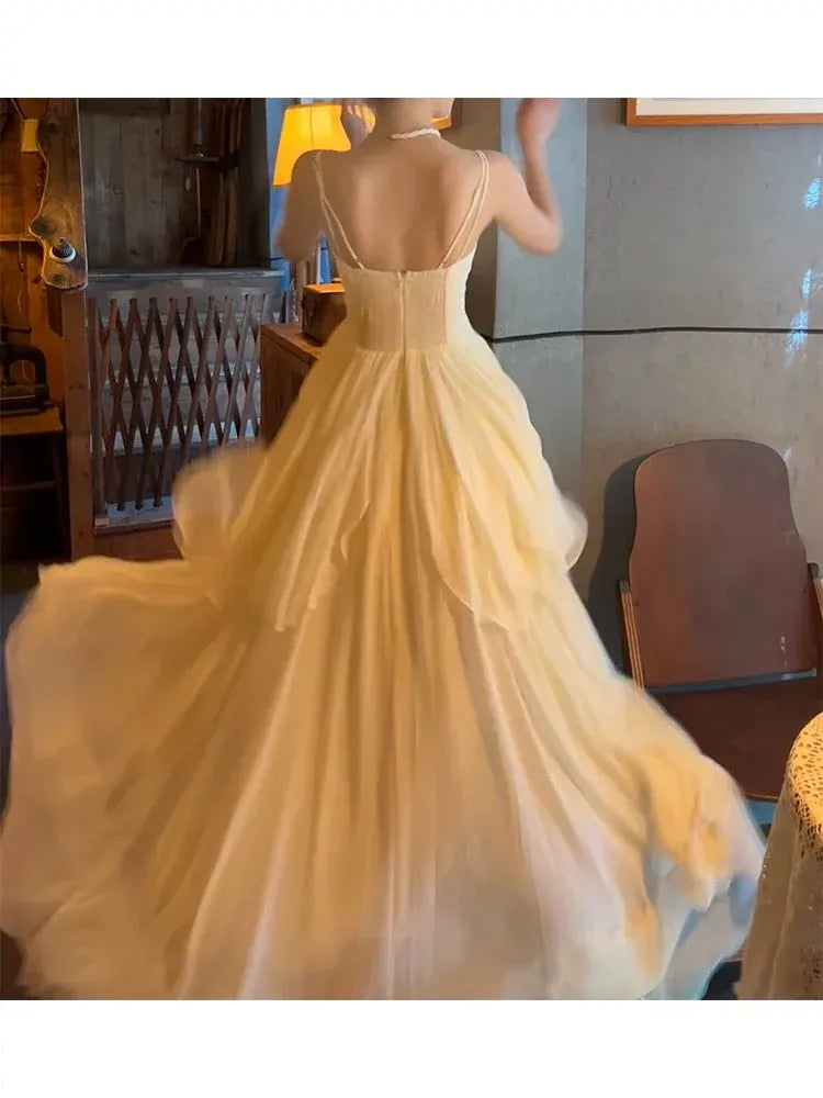 Romantic A-line V-Neck Sleeveless Tiered Champagne Maxi Prom Dress for Women Custom