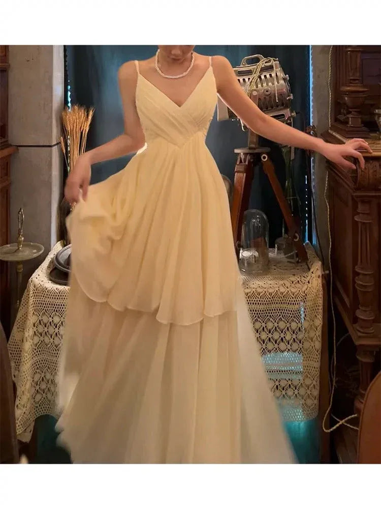Romantic A-line V-Neck Sleeveless Tiered Champagne Maxi Prom Dress for Women Custom