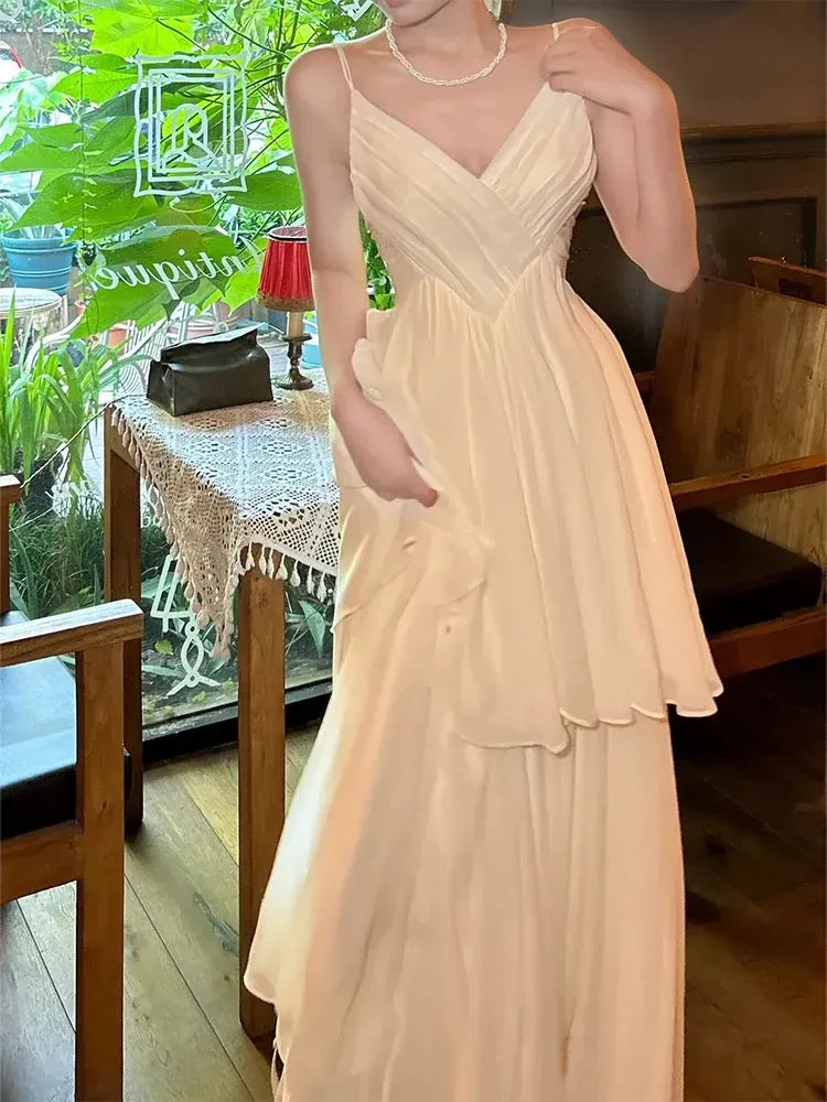 Romantic A-line V-Neck Sleeveless Tiered Champagne Maxi Prom Dress for Women Custom