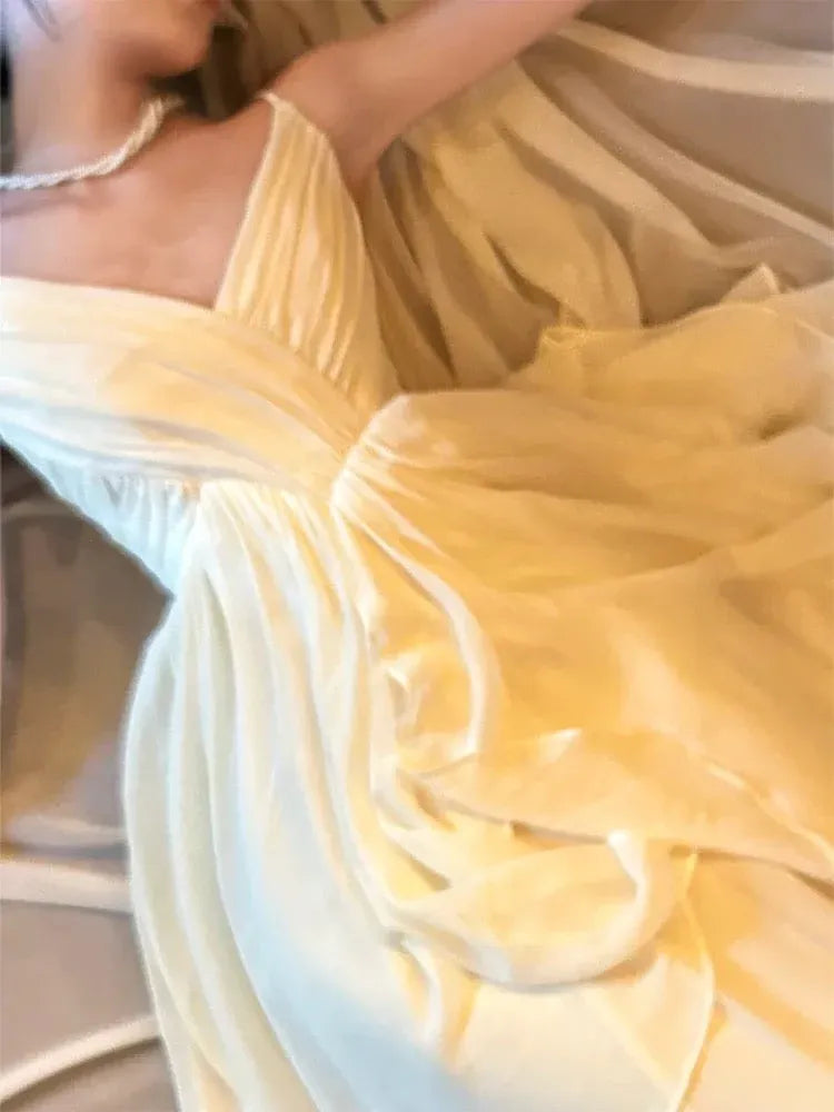 Romantic A-line V-Neck Sleeveless Tiered Champagne Maxi Prom Dress for Women Custom