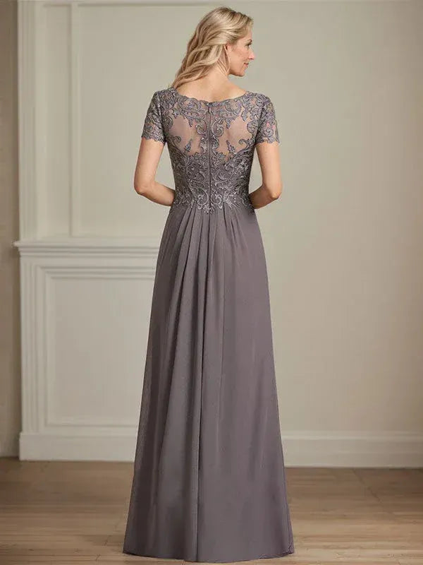 Romantic A-line V-neck Lace Sleeve Gray Floor-length Mother of the Bride Dress for Women Ready to Ship