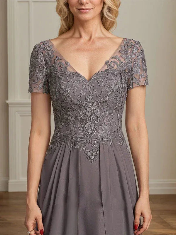 Romantic A-line V-neck Lace Sleeve Gray Floor-length Mother of the Bride Dress for Women Ready to Ship