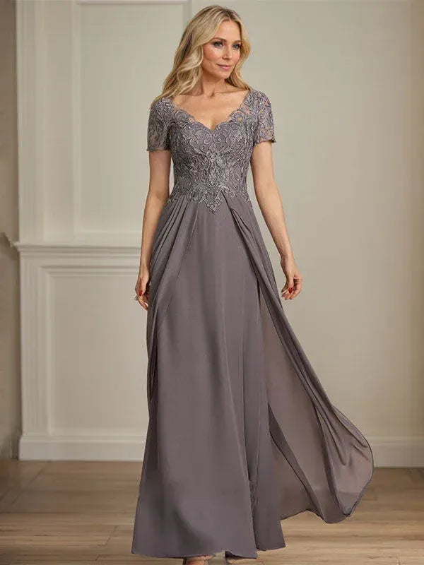Romantic A-line V-neck Lace Sleeve Gray Floor-length Mother of the Bride Dress for Women Ready to Ship