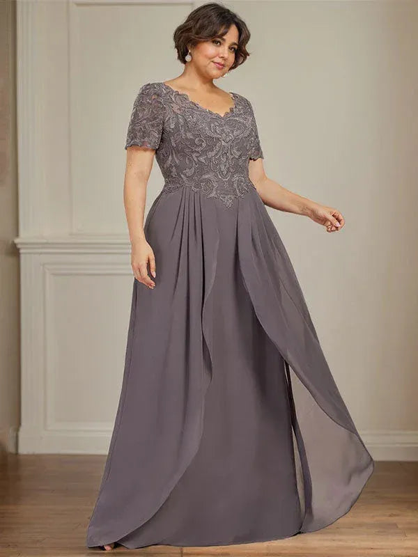Romantic A-line V-neck Lace Sleeve Gray Floor-length Mother of the Bride Dress for Women Ready to Ship