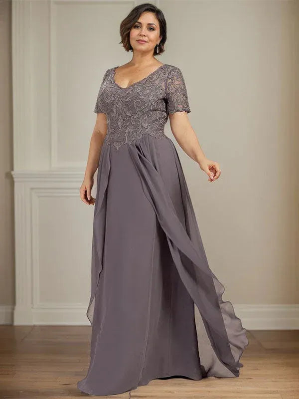 Romantic A-line V-neck Lace Sleeve Gray Floor-length Mother of the Bride Dress for Women Ready to Ship