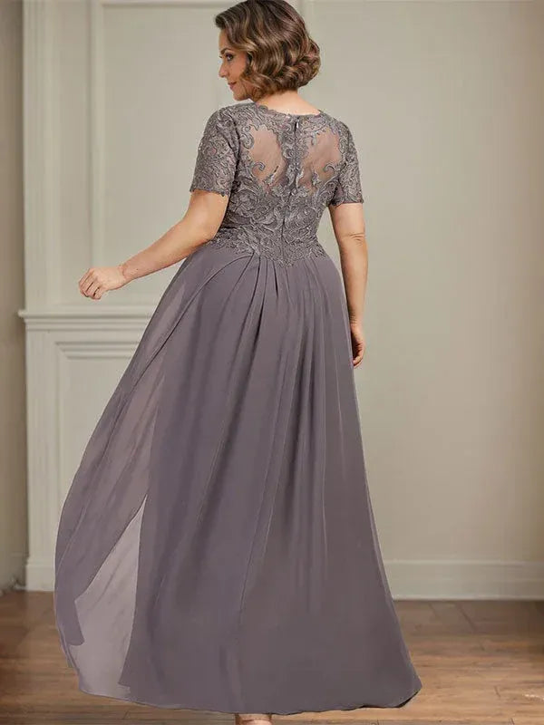 Romantic A-line V-neck Lace Sleeve Gray Floor-length Mother of the Bride Dress for Women Ready to Ship